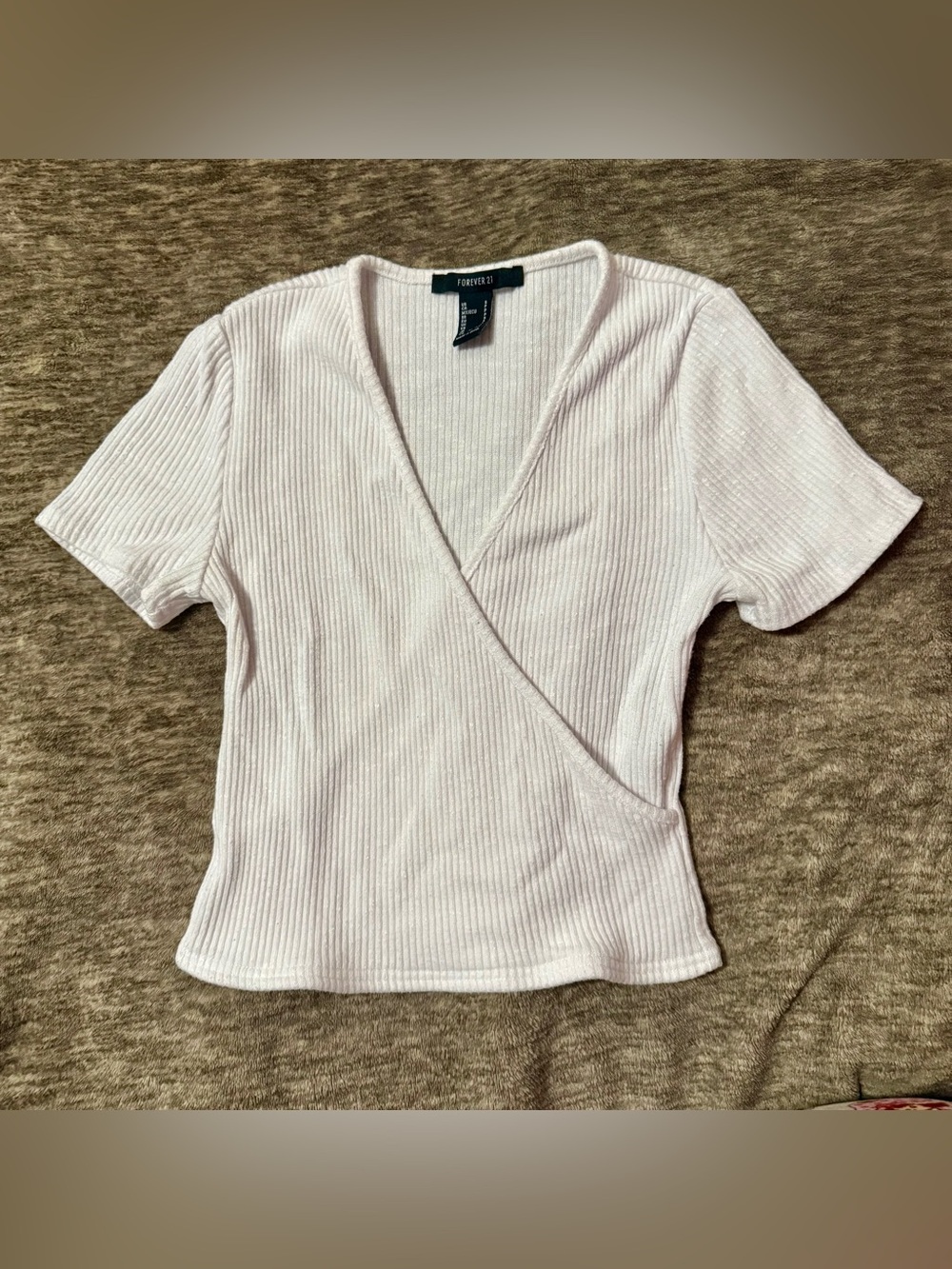 Forever 21 White Ribbed Wrap Crop Top S